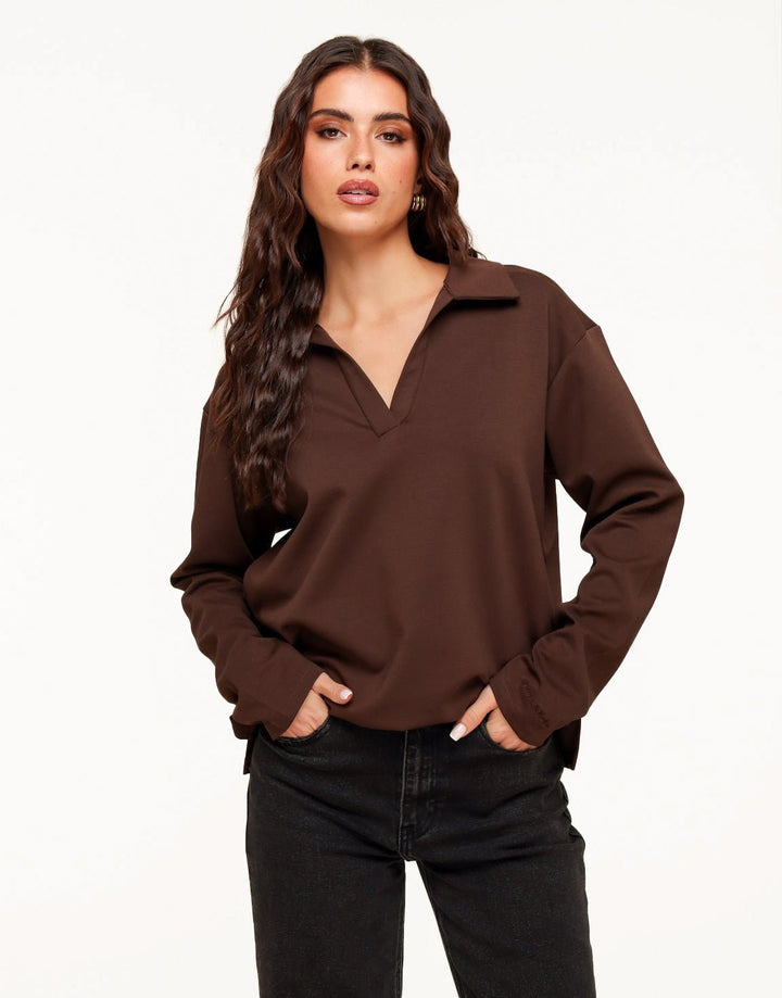 Donkerbruine V-Hals Losse LS - T-shirt