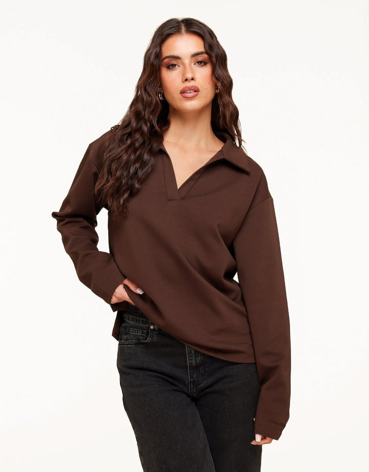 Donkerbruine V-Hals Losse LS - T-shirt