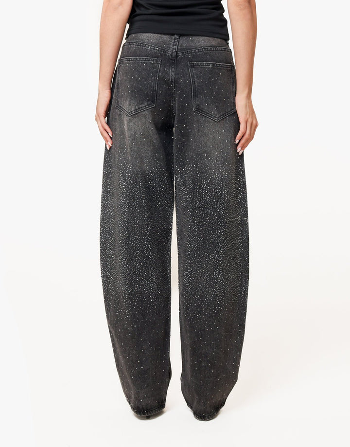 Donkergrijze Glitter Stenen Wijde - Spijkerbroek