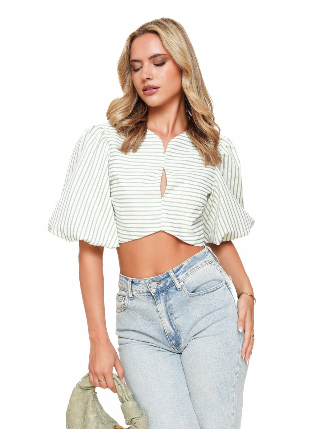 Groene Cropped Pofmouwen - Top