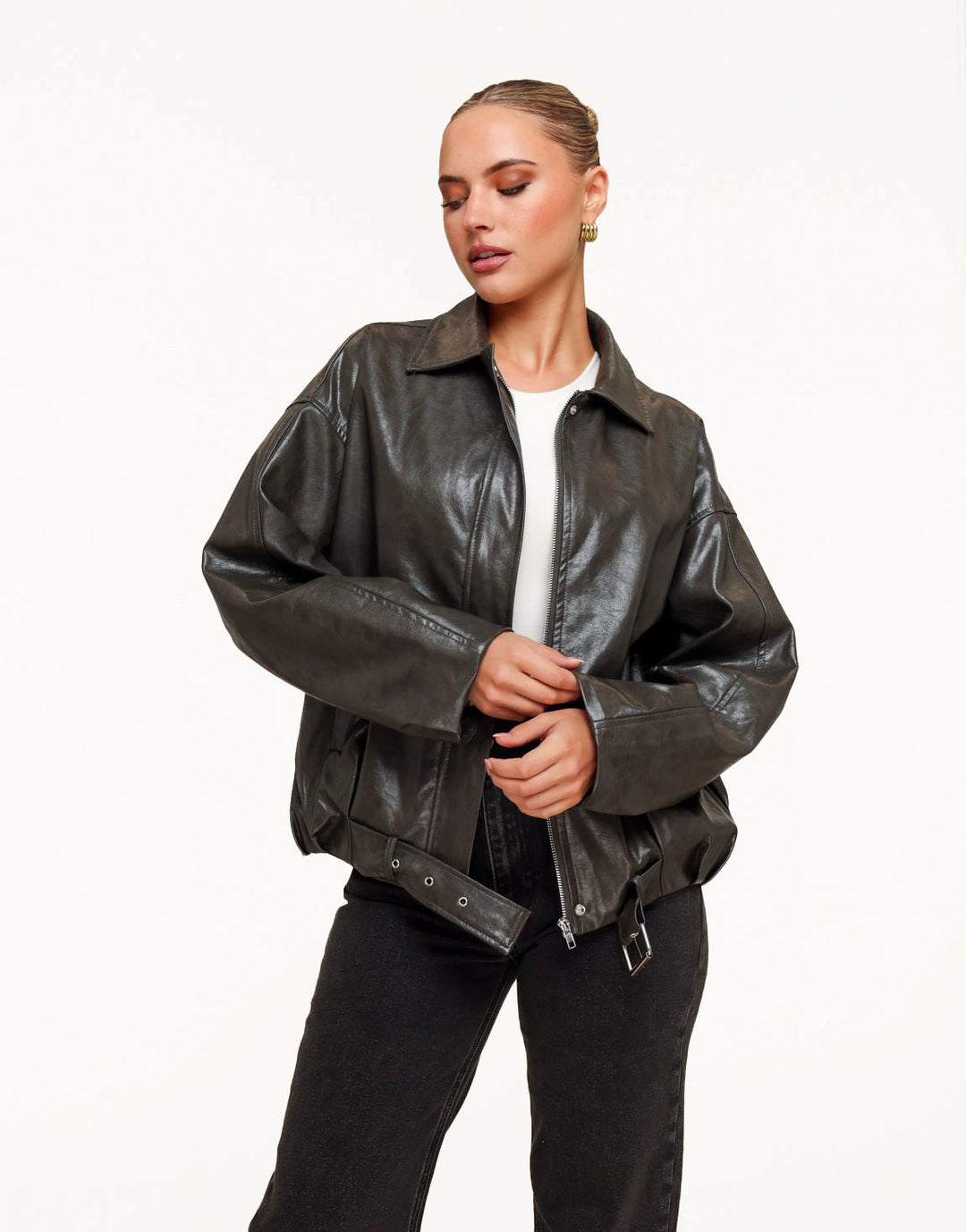 Khaki PU leren Biker - Jas