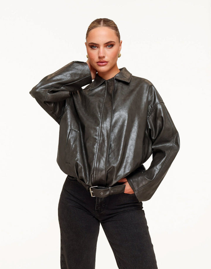 Khaki PU leren Biker - Jas