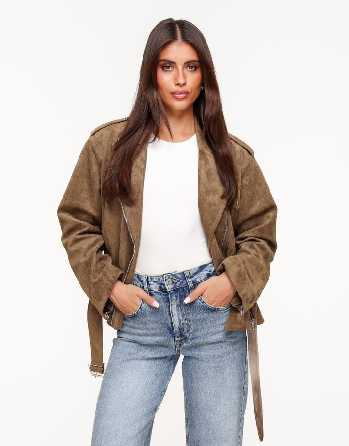 Khaki Suede Biker - Jas