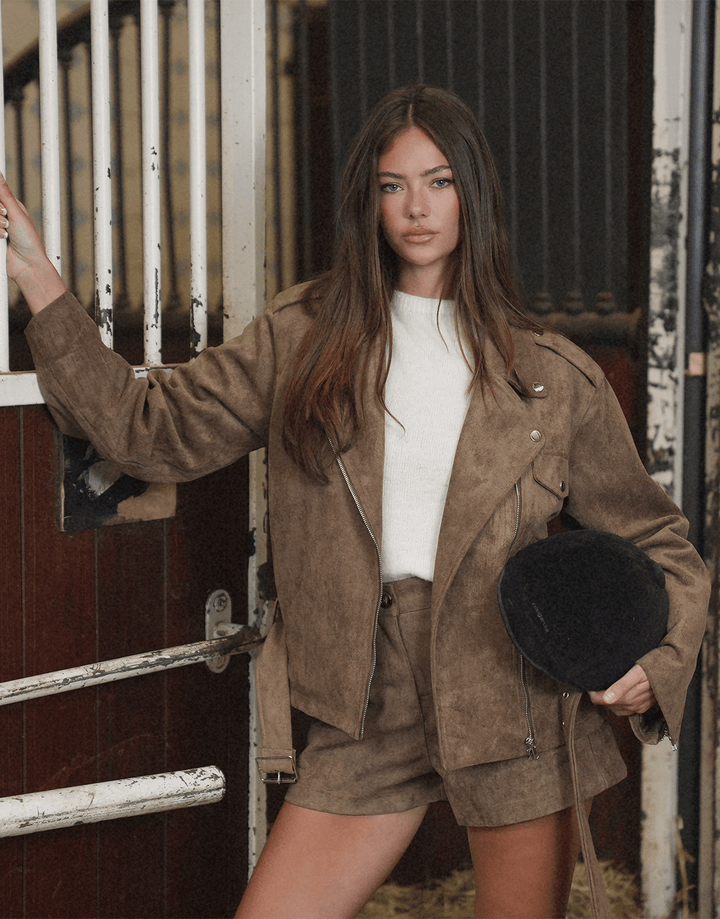 Khaki Suede Biker - Jas