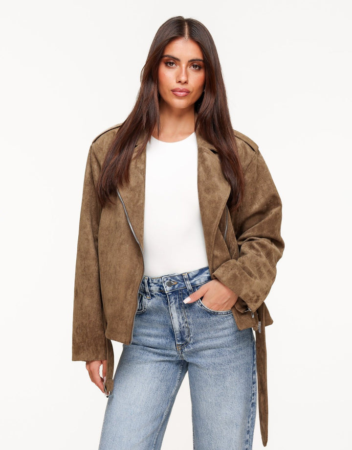 Khaki Suede Biker - Jas