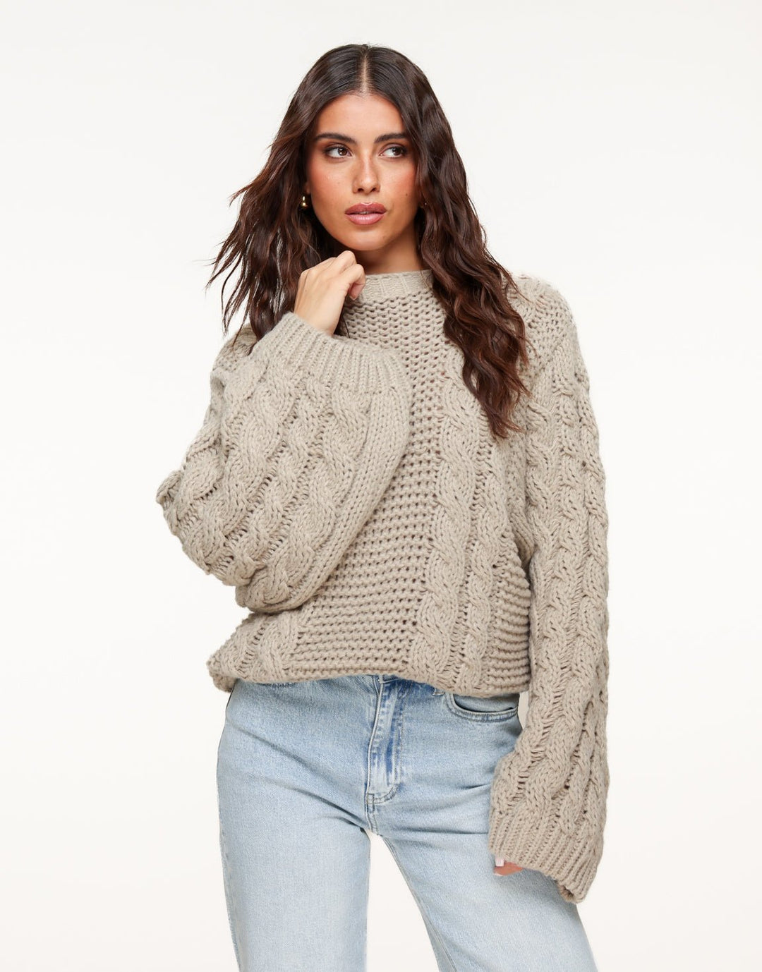 Taupe Gebreide Kabel Patroon - Trui