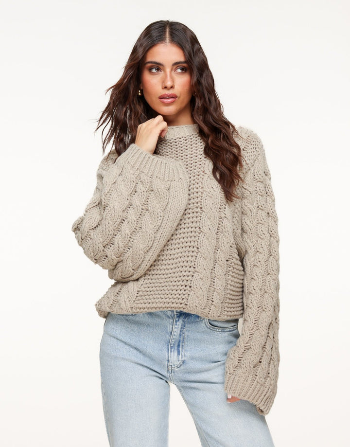 Taupe Gebreide Kabel Patroon - Trui