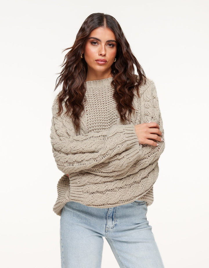 Taupe Gebreide Kabel Patroon - Trui