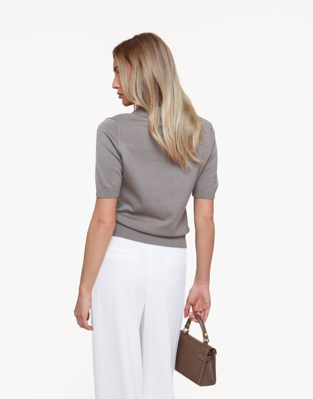 Taupe Gebreide SS Polo - Top