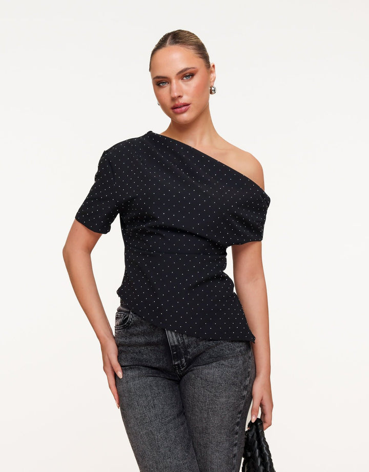 Zwarte Gedrapeerde Off Shoulder Zilveren Stenen SS - Top