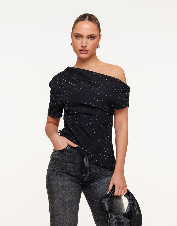 Zwarte Gedrapeerde Off Shoulder Zilveren Stenen SS - Top