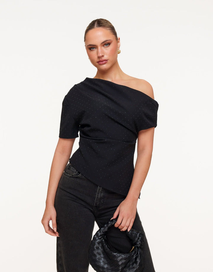 Zwarte Gedrapeerde Off Shoulder Zwarte Stenen SS - Top