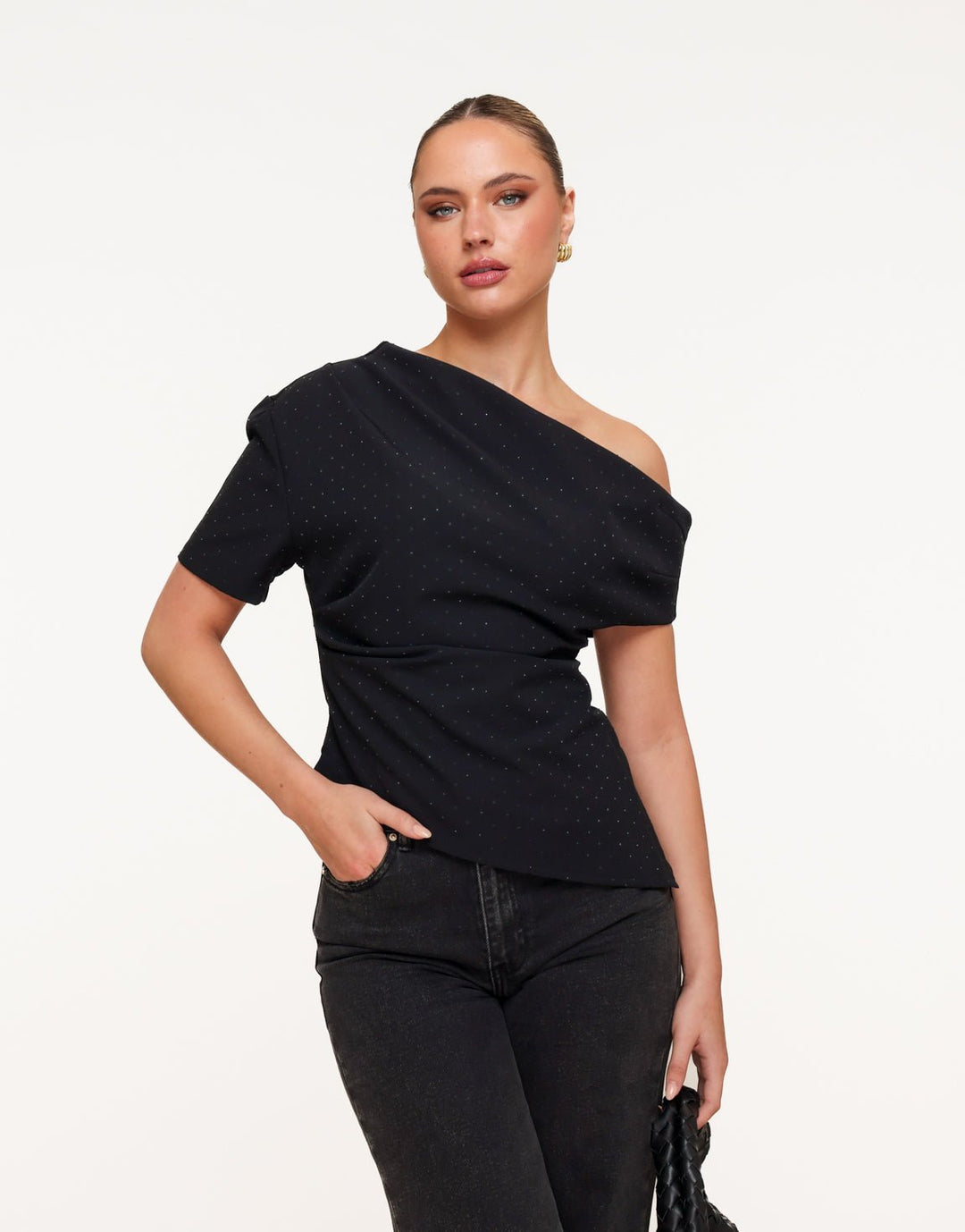 Zwarte Gedrapeerde Off Shoulder Zwarte Stenen SS - Top