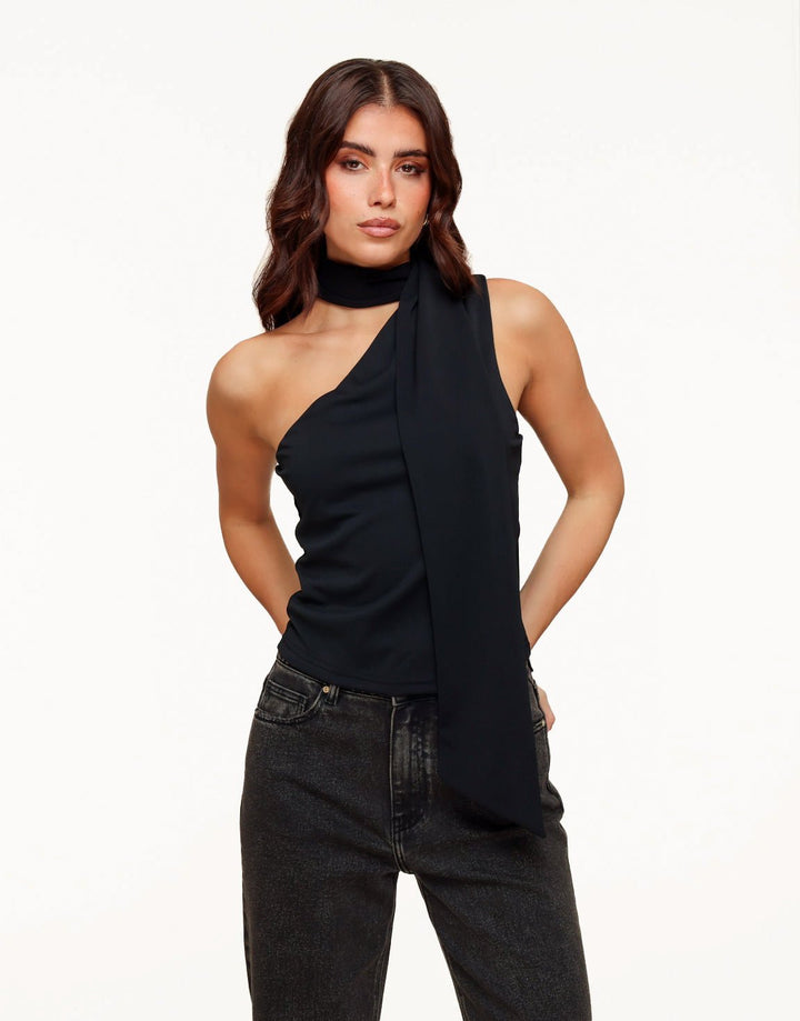 Zwarte One Shoulder Sjaal Detail - Top