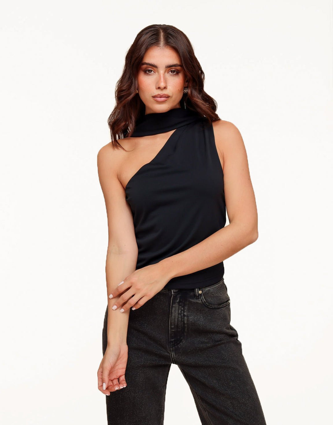 Zwarte One Shoulder Sjaal Detail - Top