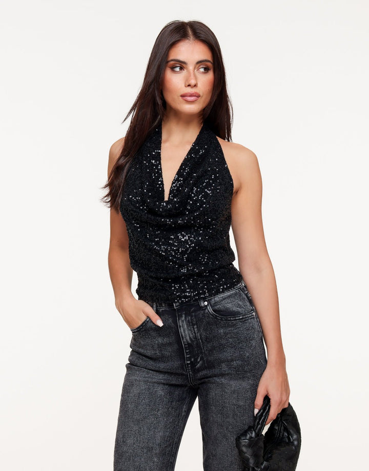 Zwarte Pailletten Halter Hals - Top